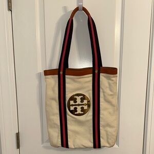 Tory Burch Cream and Brown Canvas Tote with Logo